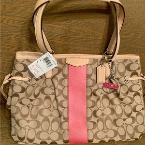 NWT COACH Signature Canvas Stripe Drawstring Carryall Bag (Khaki/Pink)